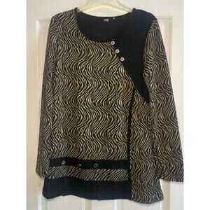 Kaktus Womens Tunic Top Small Black Textured Patchwork Embellished Long Sleeve